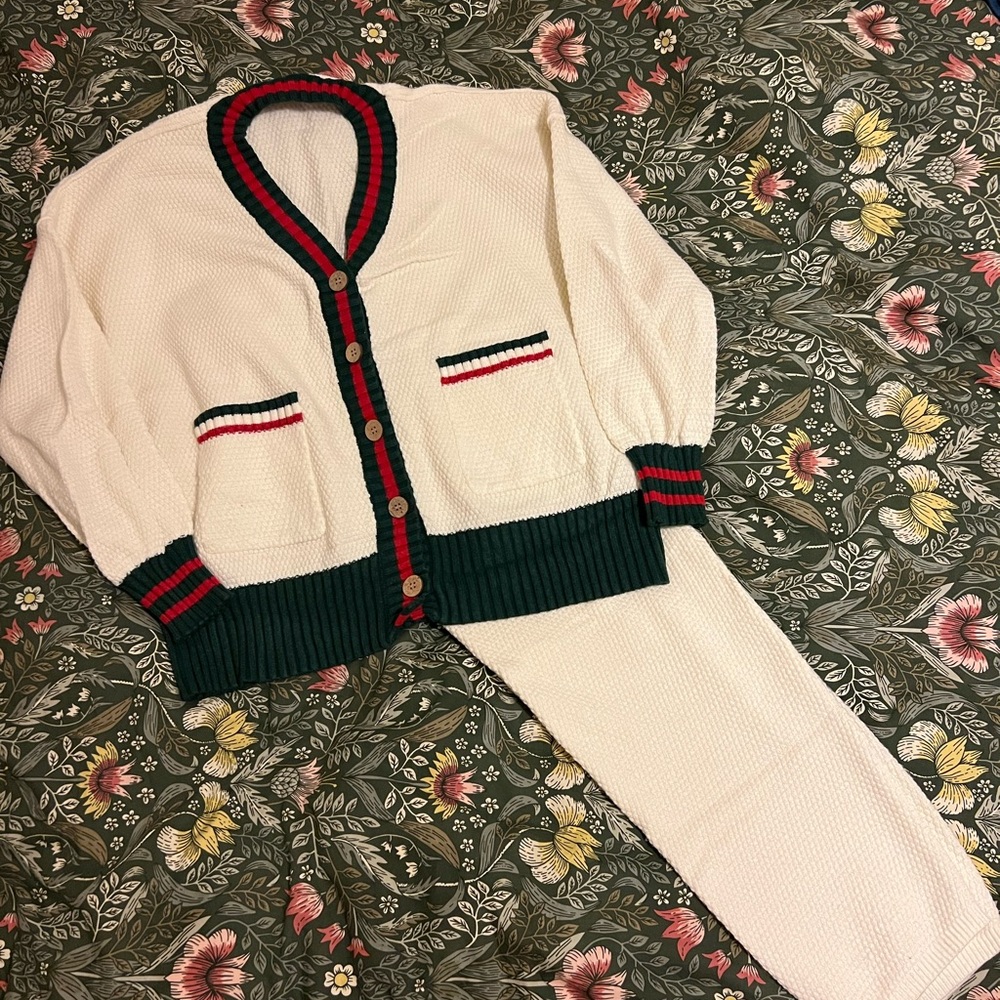 Amazon Cream Knit Sweater set with Red and Green Accents